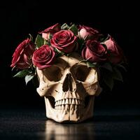il cranio e Rose su il nero sfondo foto