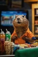 castoro marmotta opera nel bar veloce cibo Cameriere professione realistico umanizzato fotografia sorridente foto