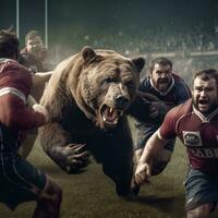 grizzly orso giocando Rugby americano calcio in esecuzione con palla umanizzato realistico fotografia foto