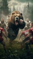 grizzly orso giocando Rugby americano calcio in esecuzione con palla umanizzato realistico fotografia foto