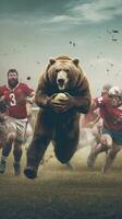 grizzly orso giocando Rugby americano calcio in esecuzione con palla umanizzato realistico fotografia foto