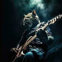 gatto cantante realistico foto roccia metallo chitarra basso palcoscenico scena professionale tiro musica concerto gruppo musicale