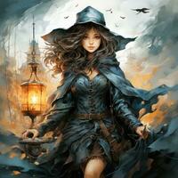 femmina donna ragazza cappello zucca Halloween illustrazione opera d'arte orrore isolato tatuaggio fantasia cartone animato foto