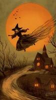 donna femmina strega Vintage ▾ retrò libro cartolina illustrazione 1950 pauroso Halloween costume Sorridi foto