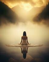 crescente meditazione silenzio riflessione riposo lago paesaggio silenzio foto zen rilassamento solitario donna