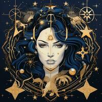 donna viso mistico cosmo bussola pianeta tarocco carta costellazione navigazione zodiaco illustrazione foto