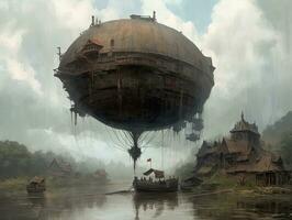 zeppelin fantasmapunk paesaggio città mistico manifesto alieno steampunk sfondo fantastico film foto
