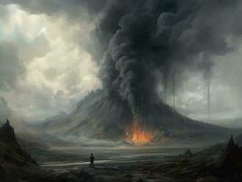 vulcano esplosione fuoco Fumo paesaggio città mistico manifesto alieno steampunk sfondo fantastico foto