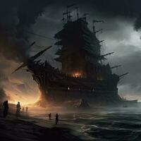 nave mare oceano vecchio pirata paesaggio città mistico manifesto alieno steampunk sfondo fantastico foto