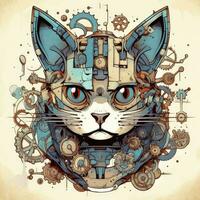 gatto ritratto grande occhi ingranaggi astratto illustrazione tatuaggio industriale manifesto arte geometrico vettore steampunk foto