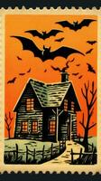 castello Casa pipistrelli Luna carino affrancatura francobollo retrò Vintage ▾ 1930 halloween illustrazione scansione manifesto foto