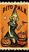 strega donna carino affrancatura francobollo retrò Vintage ▾ 1930 halloween zucca illustrazione scansione manifesto foto