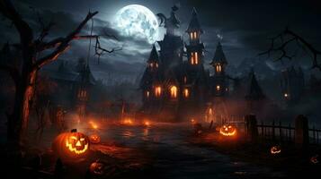 Halloween sfondo castello spaventoso mistero pauroso illustrazione opera d'arte notte Luna zucca foto