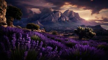 lavanda campo vento erba lunatico selvaggio tranquillo, calmo paesaggio la libertà scena bellissimo sfondo foto