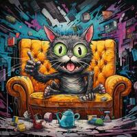 pazzo gatto gattino furioso pazzo ritratto espressive illustrazione opera d'arte olio dipinto schizzo tatuaggio foto
