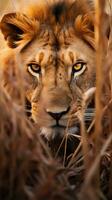Leone re nascosto predatore fotografia erba nazionale geografico stile 35 millimetri documentario sfondo foto