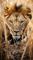Leone re nascosto predatore fotografia erba nazionale geografico stile 35 millimetri documentario sfondo foto