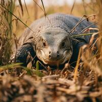 komodo Drago nascosto predatore fotografia erba nazionale geografico stile documentario sfondo foto