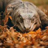 komodo Drago nascosto predatore fotografia erba nazionale geografico stile documentario sfondo foto