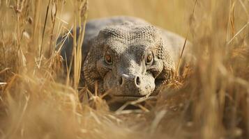 komodo Drago nascosto predatore fotografia erba nazionale geografico stile documentario sfondo foto