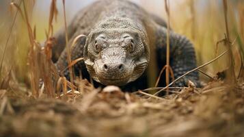 komodo Drago nascosto predatore fotografia erba nazionale geografico stile documentario sfondo foto