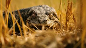 komodo Drago nascosto predatore fotografia erba nazionale geografico stile documentario sfondo foto