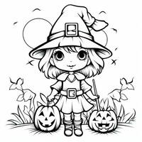 strega ragazza semplice bambini colorazione pagina Halloween carino bianca sfondo libro isolato grassetto pauroso foto