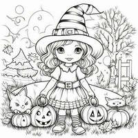 strega ragazza semplice bambini colorazione pagina Halloween carino bianca sfondo libro isolato grassetto pauroso foto