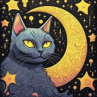 gatto gattino astratto psicodelia illustrazione ricco scarabocchio Immagine stella Luna universo manifesto foto