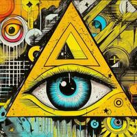 surreale astratto occhio triangolo piramide Magia muratore tatuaggio giallo illustrazione opera d'arte manifesto foto