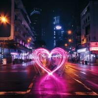 cuore illuminato leggero pittura congelare foto lungo esposizione rosa strada città neon romantico