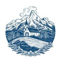 Casa mulino distintivo emblema logo vettore piatto etichetta icona silhouette blu montagne clipart foto