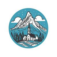 Casa mulino distintivo emblema logo vettore piatto etichetta icona silhouette blu montagne clipart foto
