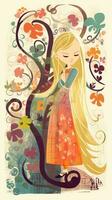 Rapunzel fiaba personaggio cartone animato illustrazione fantasia carino disegno libro arte manifesto grafico foto