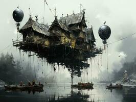 levitazione isola fantasmapunk paesaggio città mistico manifesto alieno steampunk sfondo fantastico film foto