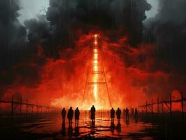 vulcano esplosione fuoco Fumo paesaggio città mistico manifesto alieno steampunk sfondo fantastico foto