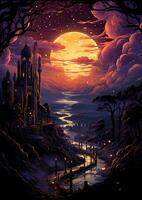 castello Luna paesaggio sognante fantasia mistero tarocco illustrazione arte tatuaggio manifesto carta notte foto