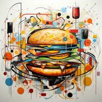 grande hamburger cibo astratto caricatura surreale giocoso pittura illustrazione tatuaggio geometria moderno foto