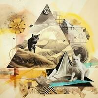 piramide Luna gatto astratto collage album giallo retrò Vintage ▾ surrealistico illustrazione foto