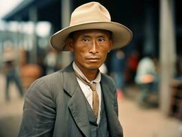 asiatico uomo a partire dal il presto 1900 colorato vecchio foto ai generativo