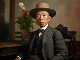 asiatico uomo a partire dal il presto 1900 colorato vecchio foto ai generativo