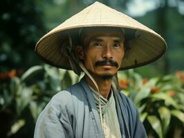 asiatico uomo a partire dal il presto 1900 colorato vecchio foto ai generativo