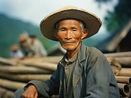 asiatico uomo a partire dal il presto 1900 colorato vecchio foto ai generativo