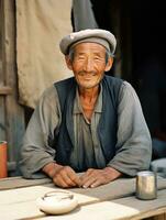 asiatico uomo a partire dal il presto 1900 colorato vecchio foto ai generativo