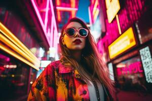 più dimensione moderno donna a dondolo moderno contro il vivace neon strade ai generativo foto