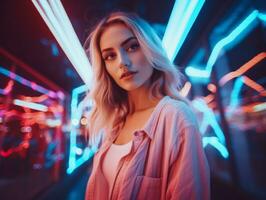 donna a piedi con fiducia attraverso il vivace neon illuminato strade ai generativo foto