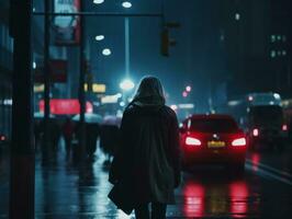 donna a piedi con fiducia attraverso il vivace neon illuminato strade ai generativo foto