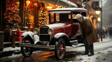 calorosamente vestito uomo ammirazione il classico Vintage ▾ auto parcheggiata nel davanti di il Natale decorato negozio su il strada. generativo ai. foto