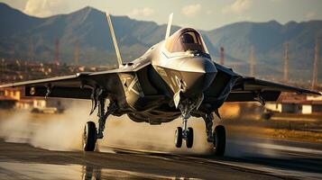 un' lockheed martin f 35 combattente Jet prende via di un' pista di decollo. generativo ai. foto