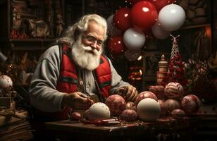 Santa Claus Lavorando nel il suo officina. generativo ai. foto